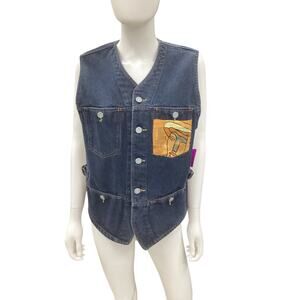 Upcycled Denim Vest Women’s Size M/L Silk Scarf Elements Picasso Motif Dark Blue